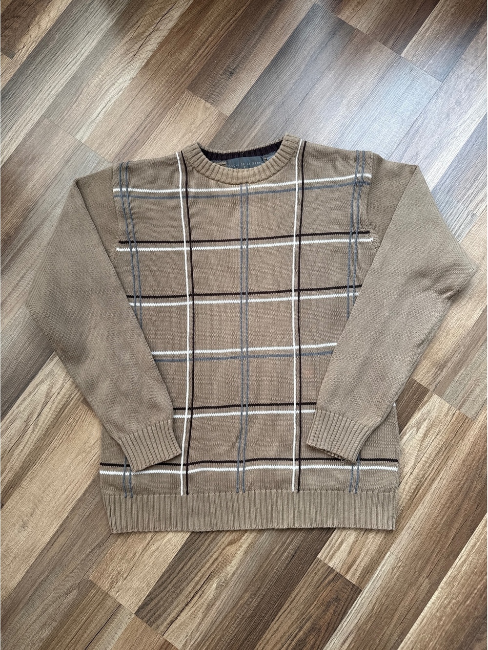 Oscar de la Renta Sweater Men's Medium Brown Windowpane 100% Cotton Knit